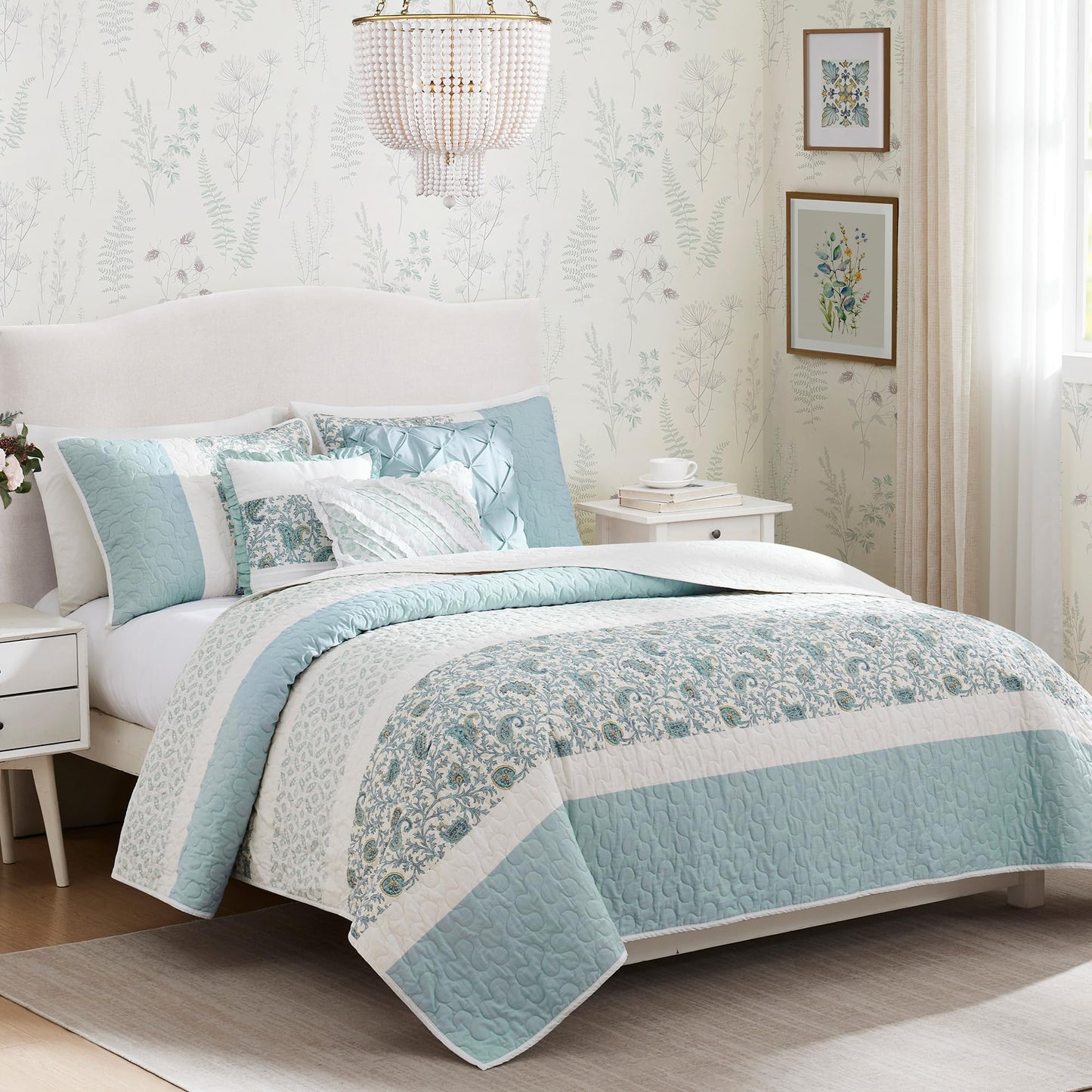 Madison Park Cotton Quilt Set Floral Print, Double Sided Stitching, All Season, Lightweight Coverlet Shabby Chic Bedding Layer, Matching Shams, King/Cal King, Aqua 6 Piece