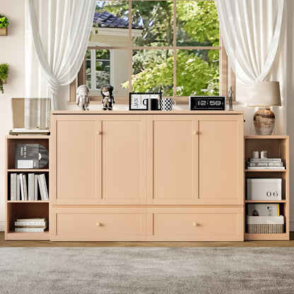 DNYN Pine Wood Murphy Bed Cabinet with Dual Multi-Layers Shelves and 2 Storage Drawers for Guest Room/Home Office, Space-Saving Foldable Bed Frame, No Box Spring Needed
