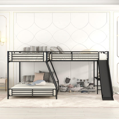 Merax L-Shaped Twin Over Full Bunk Bed with Twin Size Loft Bed, Black Metal Bunk Bed with Built-in Desk and Slide
