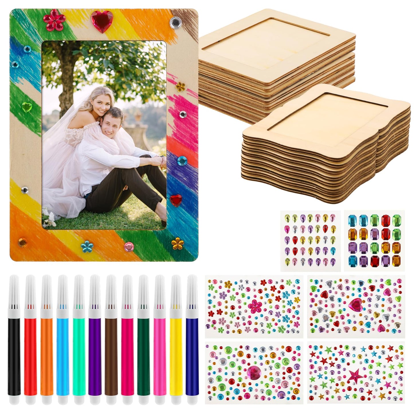 WSICSE 16 Pack Wooden Picture Frames for Crafts, 4" x 6" DIY Picture Frame Craft with 12Pcs Painting Color Pen 6 Sheets Crystal Diamond Stickers Christmas Crafts Gifts for Adults and Kids