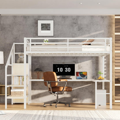 KEIKI Metal Loft Bed Queen Size with L-Shaped Desk, USB Port, Wardrobe, Adjustable Shelf, and LED Lights, High Loft Bed with Stairs for Teens and Adults, White Wood Grain