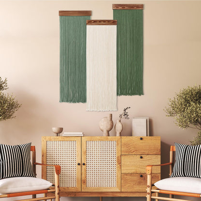 KHOYIME Macrame Wall Hanging Boho Chic Home Decor, 3PCS Bohemian Green Beige Tassel Yarn Tapestry Modern Handmade Large Wall Art Decorations for Living Room Bedroom Nursery Backdrop 11.8''W x 36''L