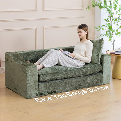 61" Convertible Sofa Bed Loveseat, Memory Foam Boneless Floor Couch with Removable Plush Velvet Cover, Tri-folding Compact Full-size Sleeper for Small Living Room, Playroom, Guest Room, RV (Emerald)