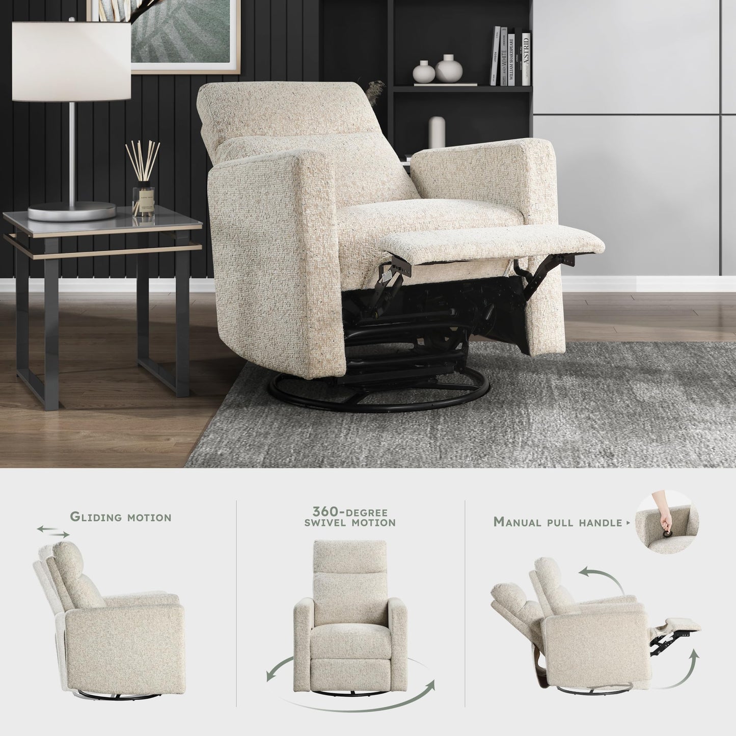 Lexicon Swivel Glider Recliner Chair, Nursery Glider, Chenille Fabric Recliner, Manual Recliner Sofa Chair for Living Room/Office/Apartment, Quartz