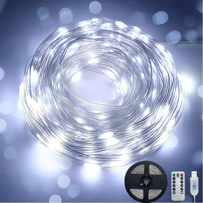 20M/65FT 200LED 8 Fairy Lights CoolWhite USB Soft Wire String Lights, Waterproof with Remote & Timer, Modes Lights