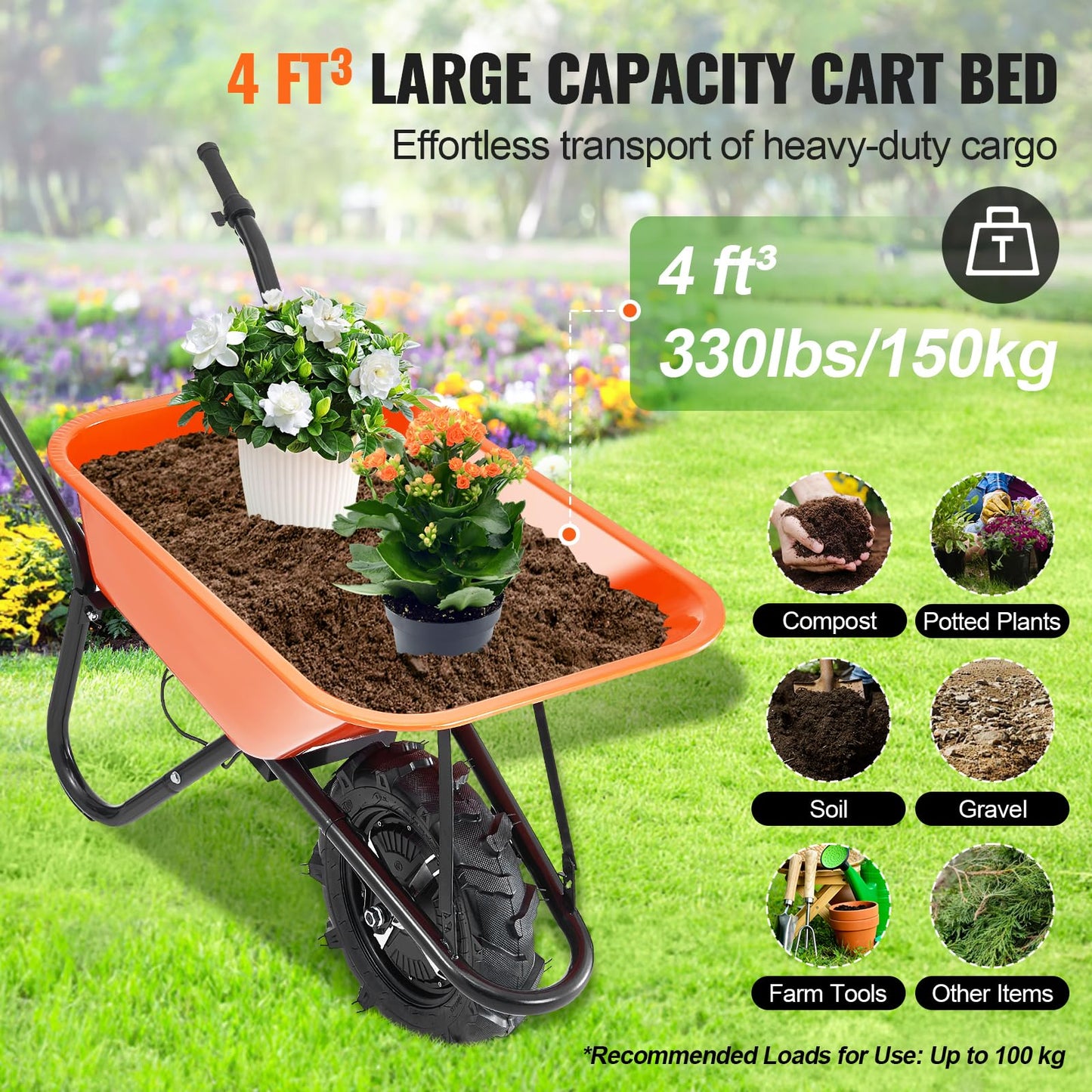 VEVOR Electric Wheelbarrow Cart, 500W Powered Utility Garden Wagon Dump Cart, 4 Cu. Ft. Load & 330 lbs Capacity with Metal Handle & 16" Track Wheels, One Wheel Barrow Yard Cart & Wagons for Lawn Farm