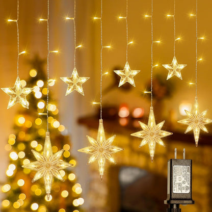 126 Lights,7.8ft in,8 LED Star Icicle Connectable Window Curtain Lights Plug Lighting Modes Timer Bethlehem Star
