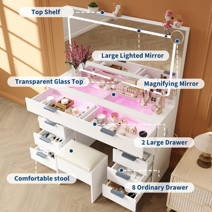 IDEALHOUSE Large Vanity Desk with Mirror, Clear Glass Top, Stool, LED Lights and Power Outlet, 45'' Width Makeup Vanity Table Set with 10 Drawers for Bedroom Dressing Room