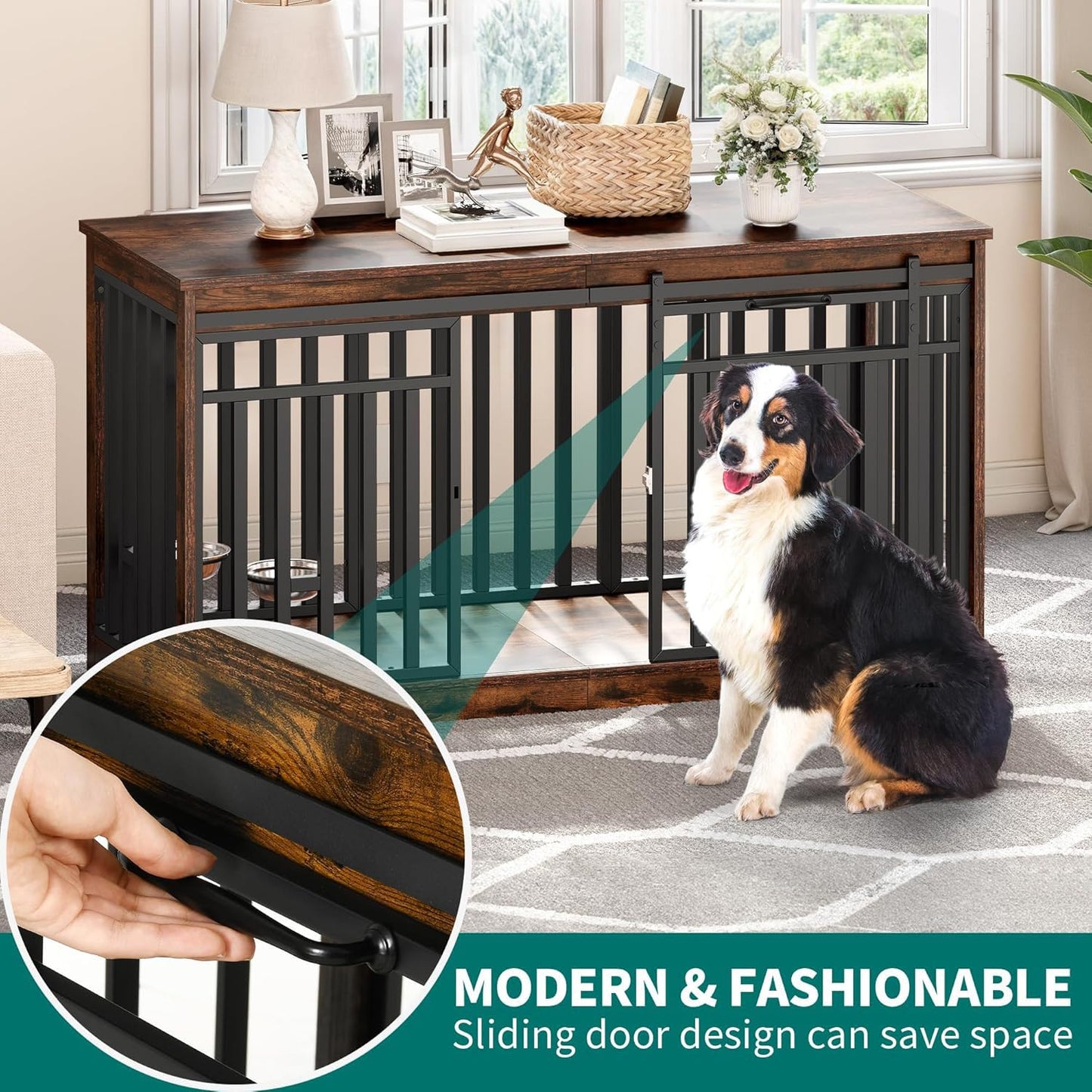YITAHOME 55 Inch Large Dog Crate Furniture, Heavy Duty Wooden Dog Crate TV Stand with 2 Dog Bowls, Metal Dog Kennel Indoor Furniture Sliding Barn Door Design for Extra Large Dogs, Rustic Brown