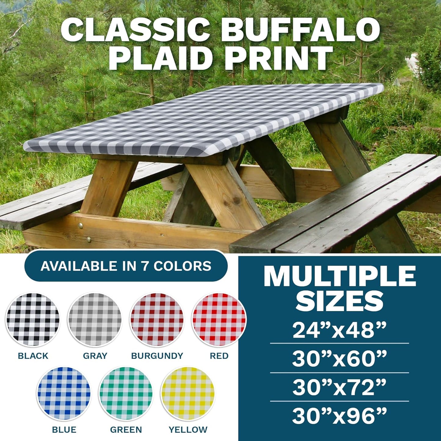 Sorfey Vinyl Picnic Table Fitted Tablecloth Cover, Checkered Design, 28 x 72 Inch, Blue