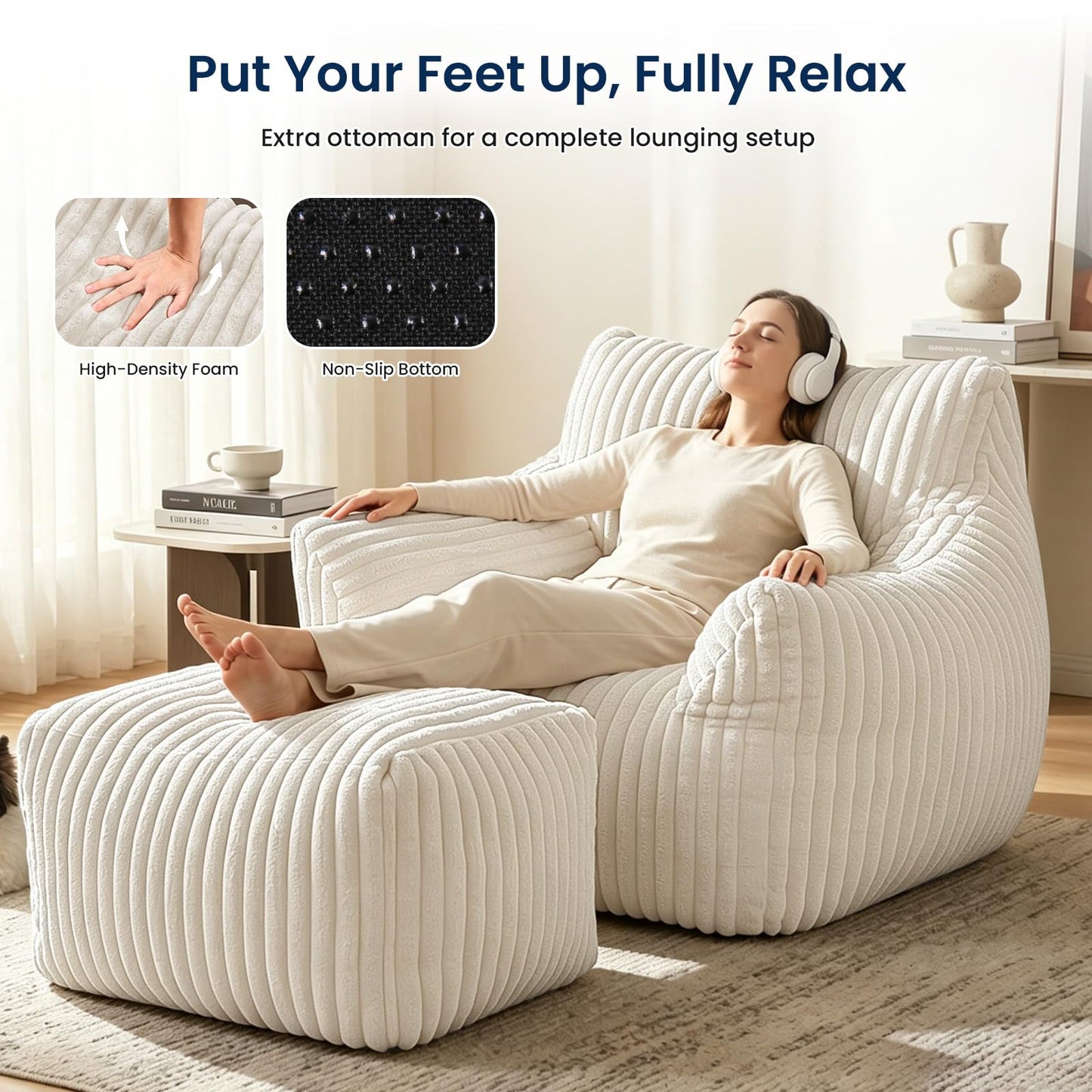 Giant Bean Bag Chair with Footstool for Adults, Fluffy Boneless Lounge Sofa Chair, Superior Large Reading Floor Sofa Bed, Oversized Accent Comfy Couch for Living Room, Bedroom (Beige, with Ottoman)