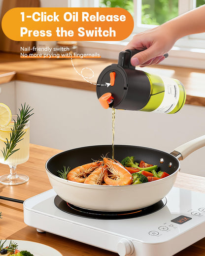 OURCABECUE Upgrade 2 in 1 Oil Sprayer for Cooking, 17oz Light-Blocking Glass Olive Oil Dispenser Bottle for Kitchen, Food-Grade Oil Mister with 8 Stickers for Salad, Frying (Green Bottle-Black Gap)