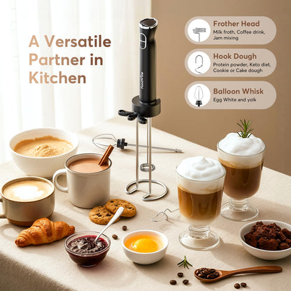 FoodVille MF06 Rechargeable Milk Frother 1800 Mah with 9 Speed and 3 Frother, LED Display Screen, Storage Stand, for Coffee Milk Foam, Cappuccino, Latte, Keto Diet, Protein Powder, Matcha, Bulletproof