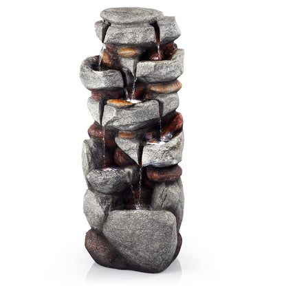 40" H Outdoor Water Fountain, Cascading Rock Waterfall Fountain with 6 White LED Lights, 7-Tiers Large Water Feature for Outdoor, Garden Water Fountain for Patio, Yark, Deck, Porch, Home Decor