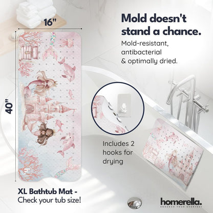 Bath Tub Mat Non Slip Anti Mold for Kids BPA Free INCL Hooks - homerella® Ocean Sea Animals 40x16, Baby Bath Mat Non Slip 200 Suction Cups, Non Toxic Machine Washable Toddler Bath Mat, EU Certified