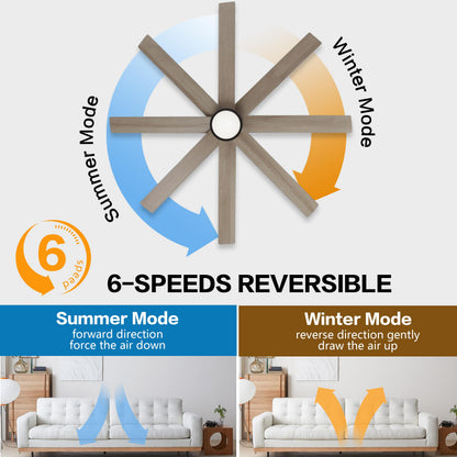 WINGBO 60" Large DC Ceiling Fans with Lights and Remote, 3 Downrods, 8 Plywood Blades, 6-Speeds Reversible DC Motor, 3CCT, Indoor Ceiling Fan for Bedroom Living Room Patio, Black and Gray