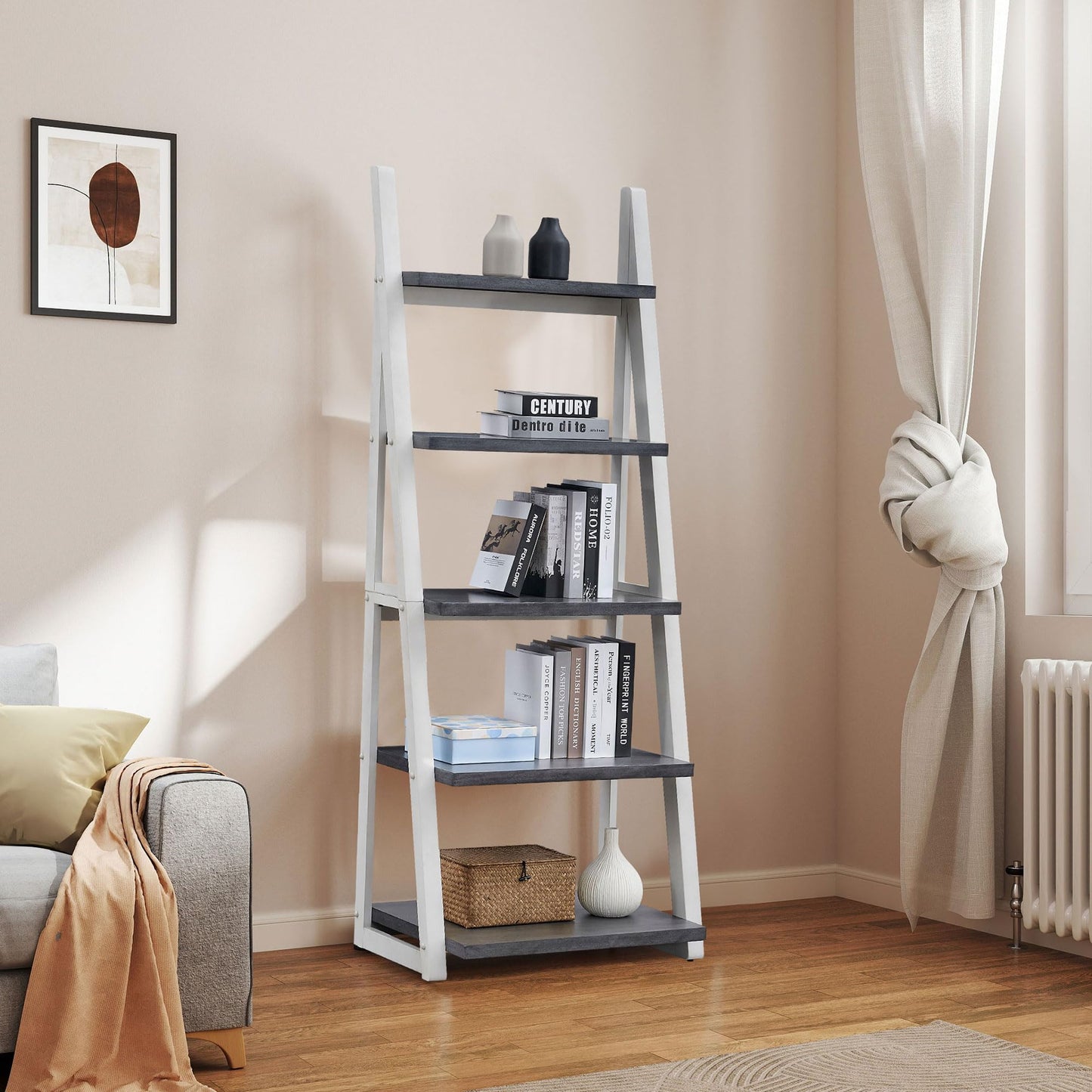 agnixnaf Gray Bookshelf with 4 Shelves, White Legs, Clean Lines, Ladder Bookcase, Industrial, for Office, Bedroom, Living Room, Study Room