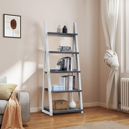 agnixnaf Gray Bookshelf with 4 Shelves, White Legs, Clean Lines, Ladder Bookcase, Industrial, for Office, Bedroom, Living Room, Study Room