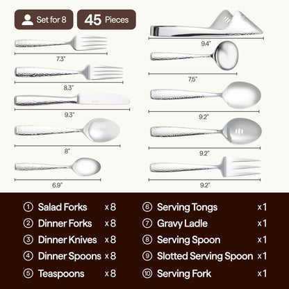 Luciella Ponza Flatware Set for 8, 45-Piece Stainless Steel Silverware Set with Serving Utensils, Timeless Hammered Design, Rust-Resistant, Mirror Polished & Dishwasher Safe, Mothers Day Gifts