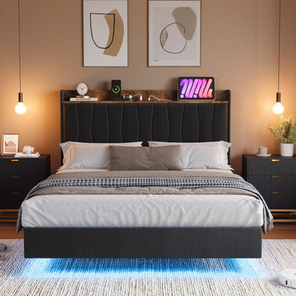 GAOMON Floating King Size Bed Frame with Upholstered Storage Headboard, Platform Bed Frame with LED Lights & Charging Station, Wood Slats Support, No Box Spring Needed, Black