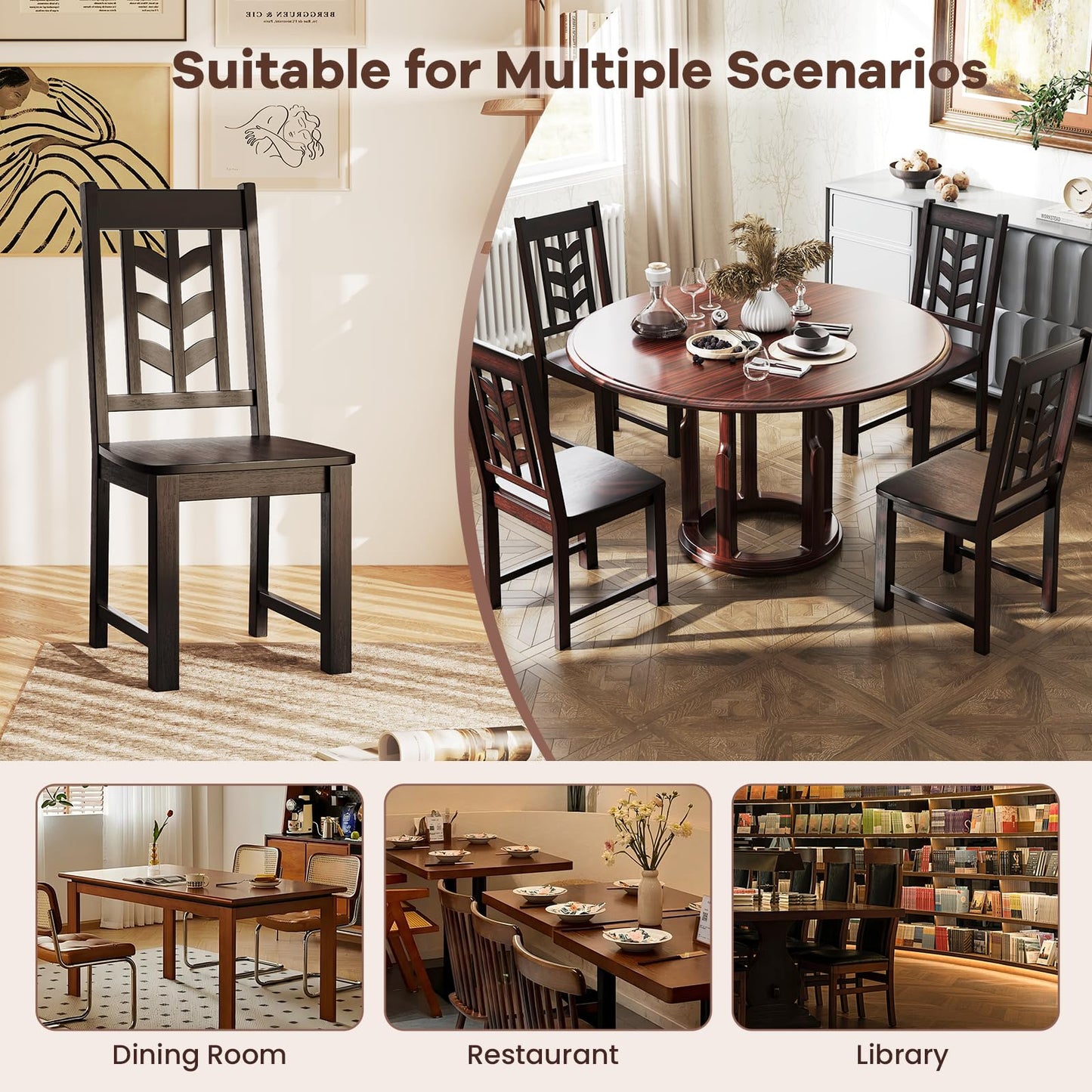 NAFORT Solid Wood Dining Chairs Set of 6, Brown Kitchen Table Chair with Max Load of 430 Lbs, High Chevron Back Dining Room Chairs for Dining Table in Kitchen and Dining, Home Office, Restaurant