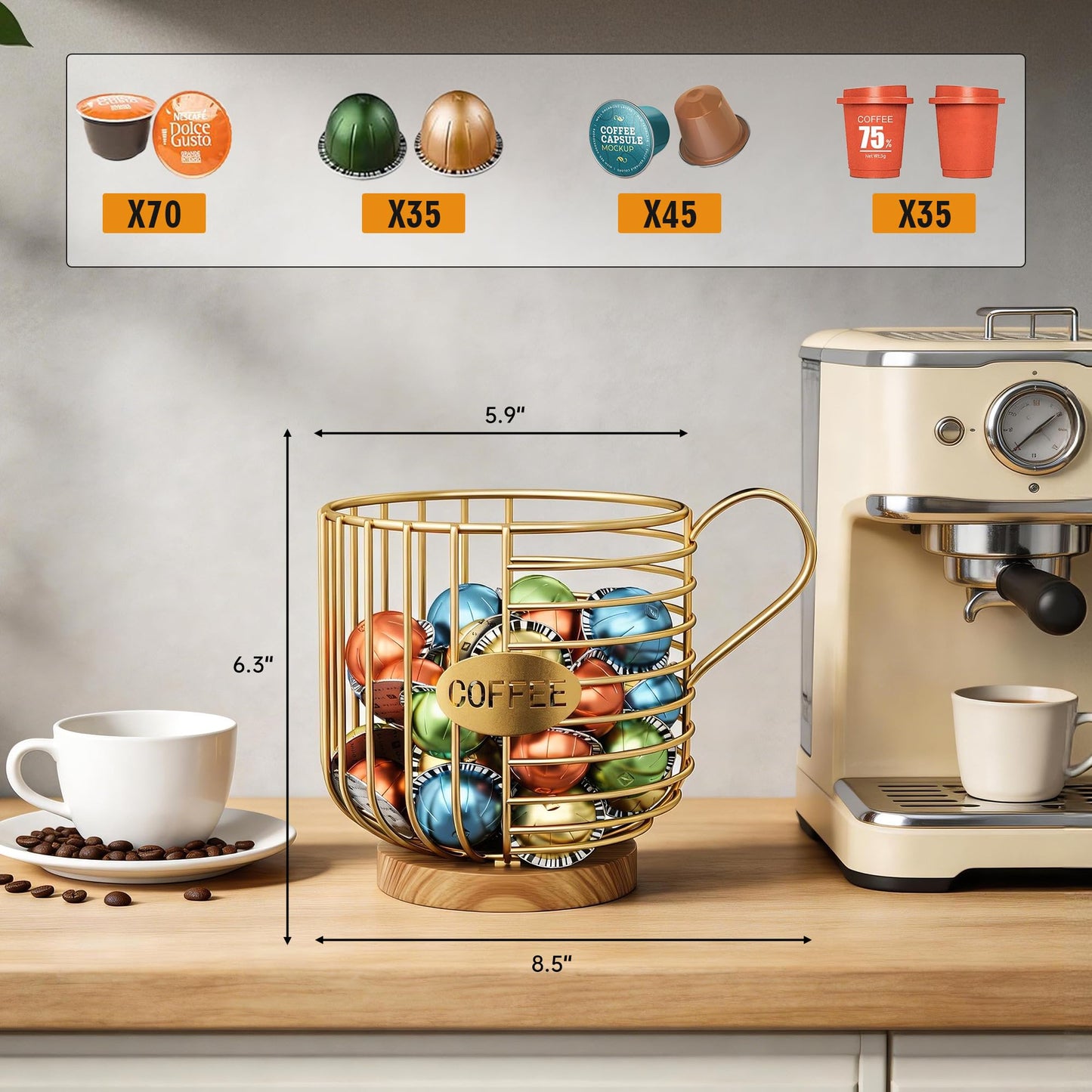Coffee Pod Holder, 45+ Large Capacity Wire K Cup Storage Organizer with Solid Wood Base, Anti-Slip Coffee Capsule Holder for Kitchen Bar Counter, Compatible with K-Cups/Nespresso Espresso Capsules