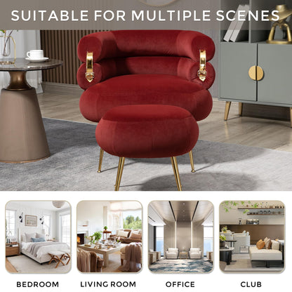 Upholstered Velvet Barrel Accent Chair with Ottoman,Accent Comfy Lounge Arm Chair and Footrest Stool Set,Single Sofa Armchair with Lounge Seat for Bedroom,Office (Wine Red)