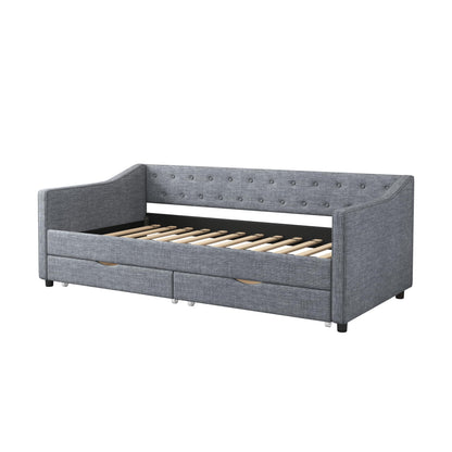 FAVSH Twin Size Daybed with Drawers,Linen Fabric Day beds w/Storage & Button on Back and Piping on Waved Shape Arms,Upholstered Tufted Sofa Bed for Living Room, Bedroom, and Guest Room,Light Grey