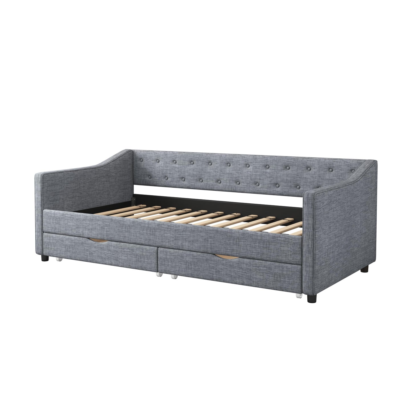Ball & Cast Twin Size Daybed with Two Drawers and Linen Upholstered,Wood Bed Frame w/Button Tufted Back and Waved Shape Arms,Slats Support,for Apartment,Bedroom,Light Grey