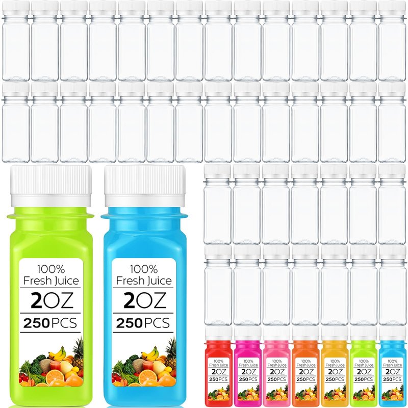 Sliner 250 Pcs 2oz Small Plastic Juice Bottles Ginger Juice Bottle with Lids Liquid Vial Reusable Clear Beverage Container with Lid, Freezer Safe, Leak Proof for Milk, Water