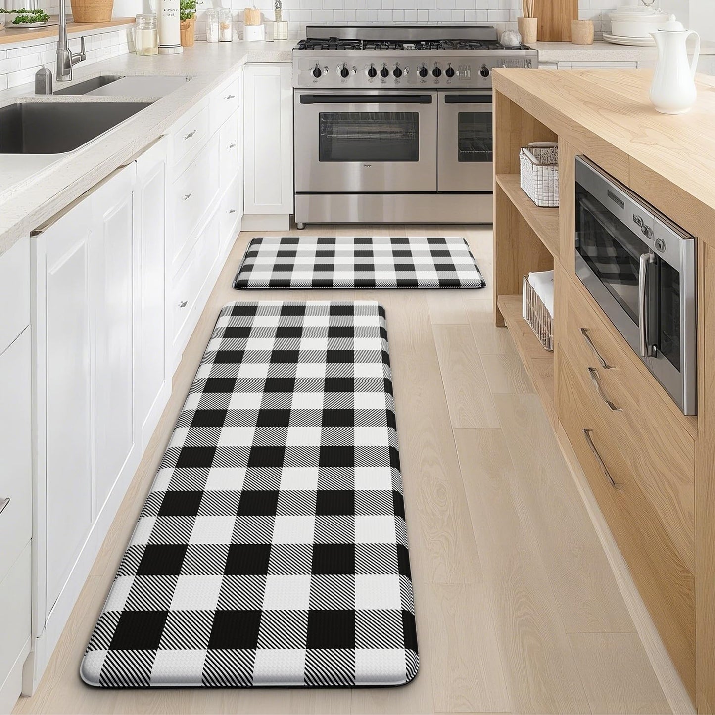 MAYHMYO 2 PCS Anti Fatigue Rugs Non Skid Waterproof Floor Mat Cushioned Black and White Farmhouse Comfort Standing Kitchen Mats for Floor, House, Sink, Office