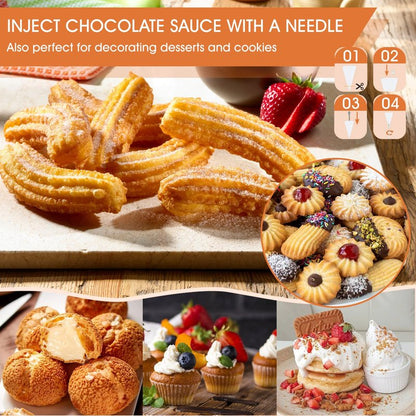 Churro Maker Machine, 21-Piece Stainless Steel Churro Gun Kit, Churros Maker Gun, Cookie Press Set, Hollow Churro, Spritz Cookie Press Gun with Piping Bag, Filler, 6 Tips, 9 Discs, 2 Brushes
