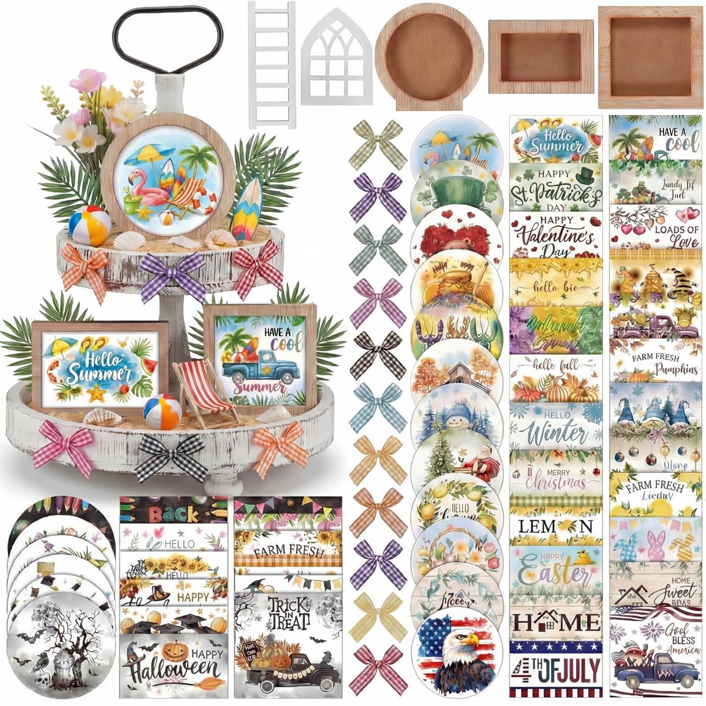 GlikCeil 95 Pcs Interchangeable All Season Tiered Tray Decor Set Summer Hawaii 4th of July Decorations Wooden Frames Ladders with Season Cards Bows for Independence Day Holiday Kitchen Home