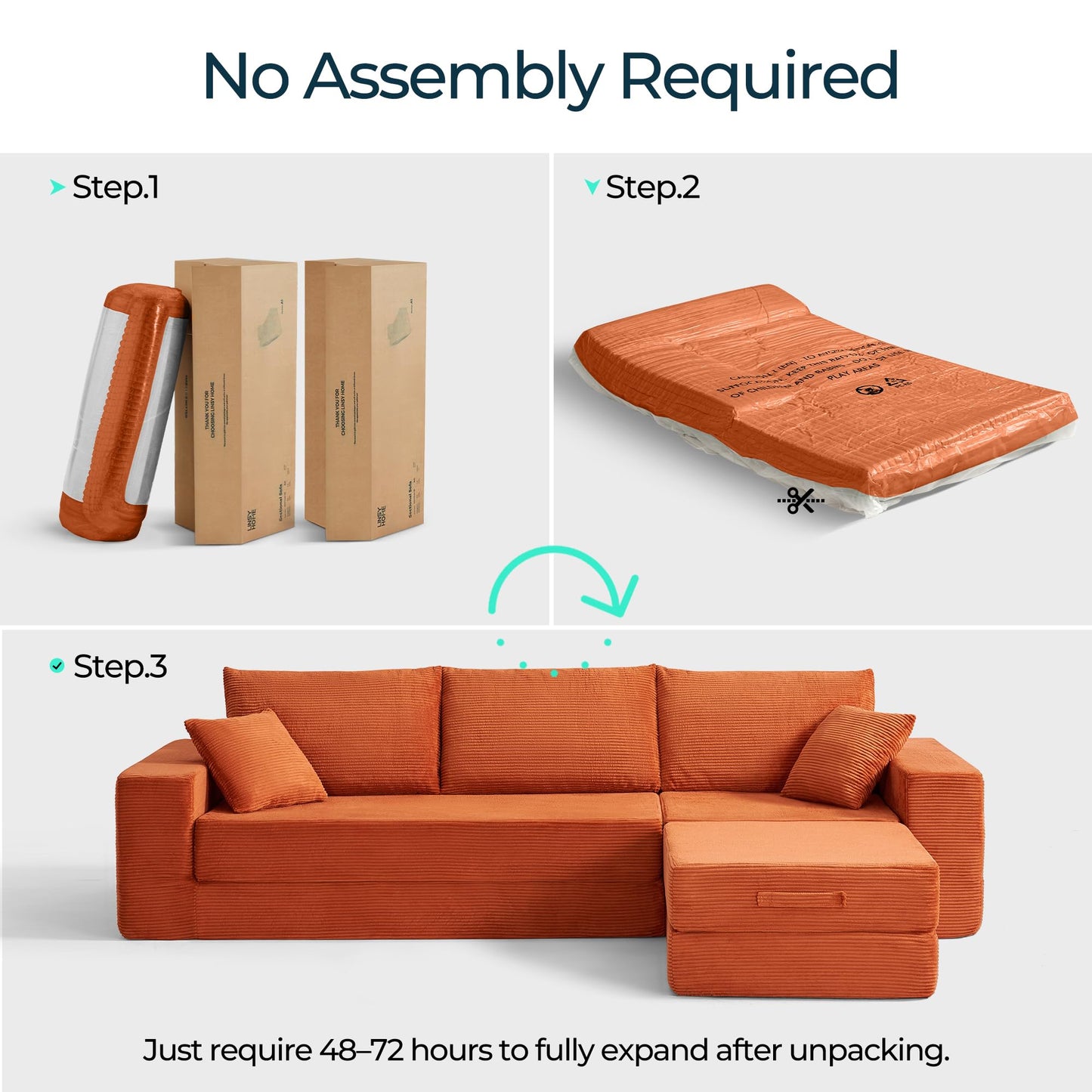 LINSY HOME Oversized Convertible Sofa Bed with 2 Pillows & Ottoman, Corduroy Boneless Couch Folding Modular Sleeper Sofa, L Shaped Couch Floor Sofa for Living Room Apartment, Upgrade Backrest (Orange)