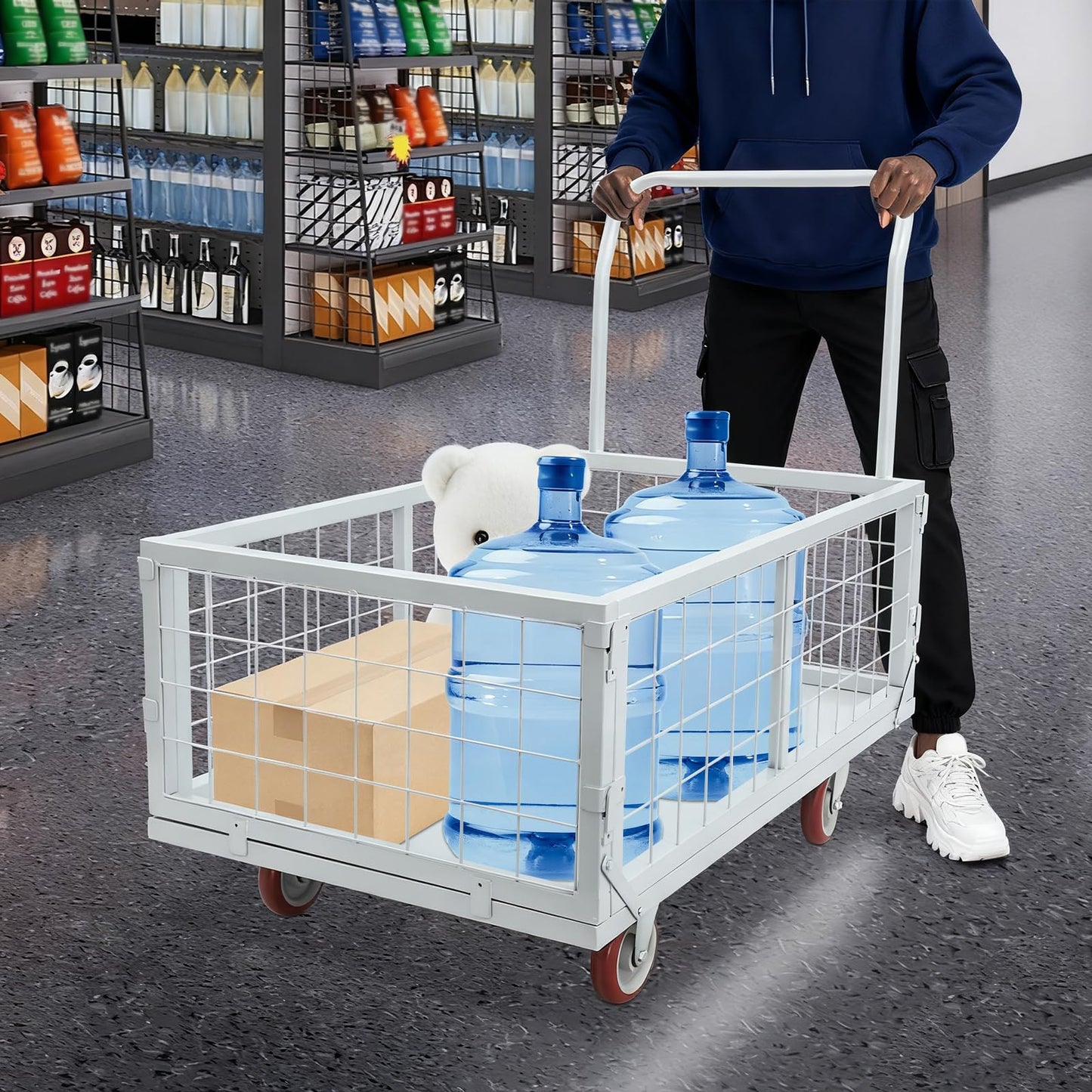 2200lbs Heavy Duty Platform Truck Cart, Steel Panel Truck, 4-in-1 Convertible, 38x23in Cage, Multi-Purpose Push Cart with Swivel & Brake Casters, for Groceries Garage Warehouse