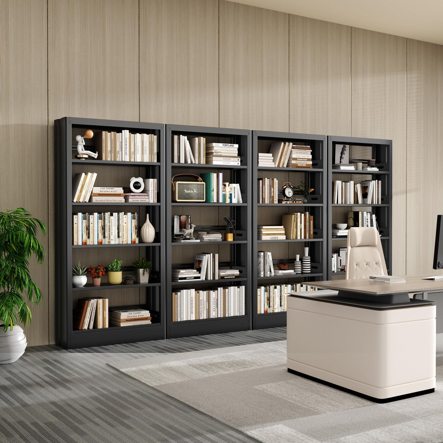 Jazipic 5-Tier Bookcase with Adjustable Storage Shelves, Metal Bookshelf with Book Stopper, Bookcase Shelf for Library, Office, Living Room (Black(1 Column,3 Combination Bookshelves))