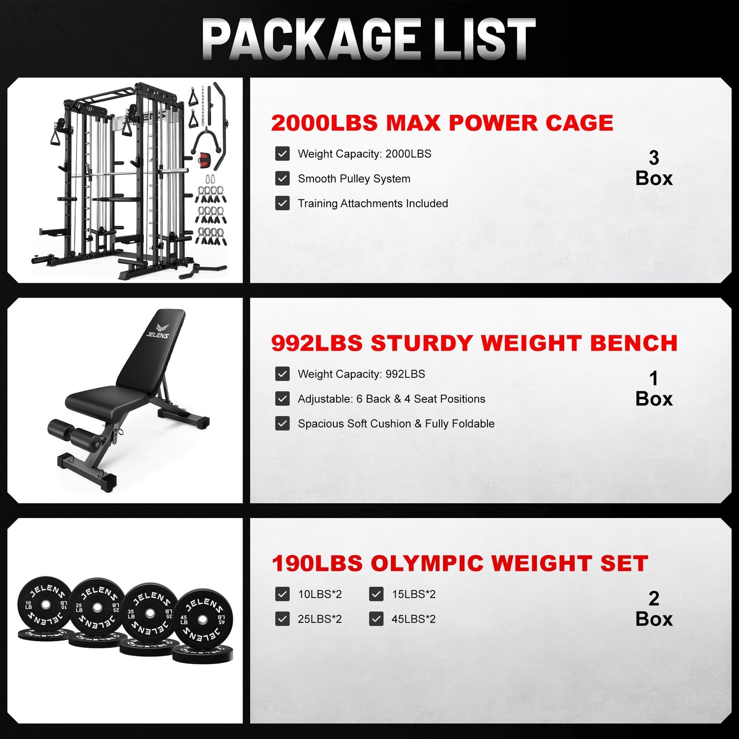 JELENS Smith Machine for Home Gym, Multi-Function M12 Power Cage, Squat Rack with Smith Bar and More Attachment (Black, 190LB Black Weights Package)