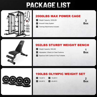 JELENS Smith Machine for Home Gym, Multi-Function M12 Power Cage, Squat Rack with Smith Bar and More Attachment (Black, 190LB Black Weights Package)