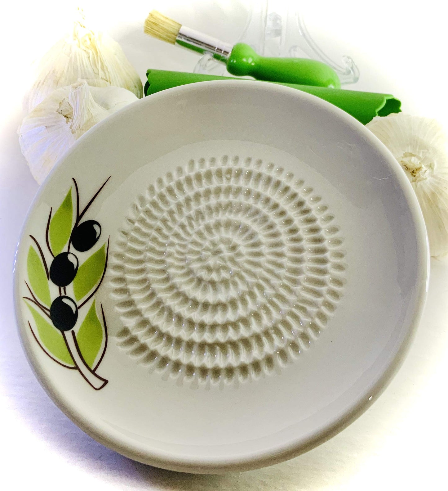 BonCera, All-in-one Premium Ceramic Garlic Grater Plate 4-Piece Set - White Olive Design, Classic Style - For Garlic, Ginger, Chocolate, and more! - Comes with 5.25" Plate, Peeler, Brush, and Stand