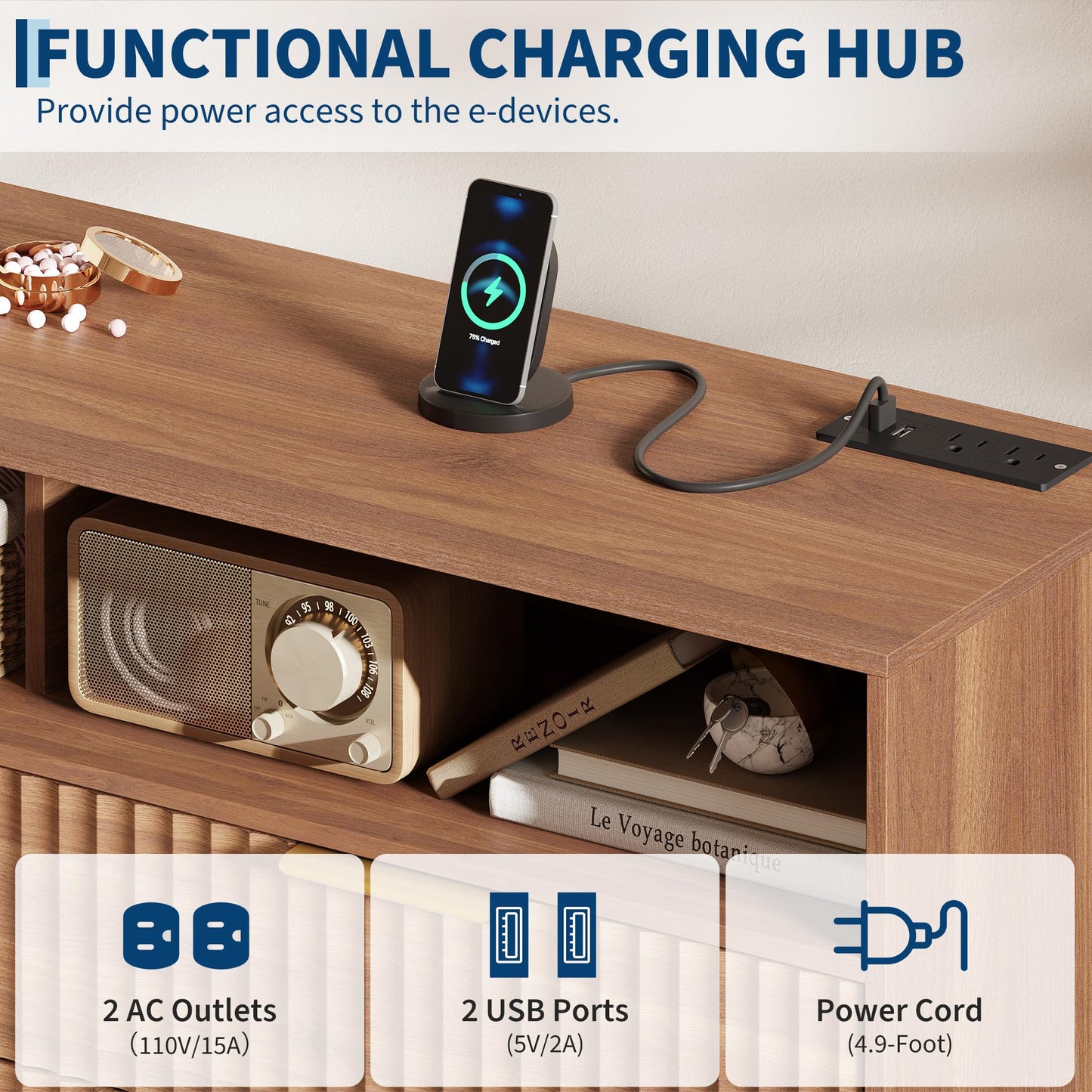 6 Drawers Dresser for Bedroom, 53.9" Wide Dressers with LED Lights and Charging Station, Curved Profile Design, Fluted Wood Drawers with Gold Handle, Modern Chest of Dressers for Living Room, Walnut