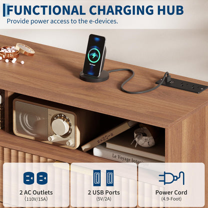 6 Drawers Dresser for Bedroom, 53.9" Wide Dressers with LED Lights and Charging Station, Curved Profile Design, Fluted Wood Drawers with Gold Handle, Modern Chest of Dressers for Living Room, Walnut
