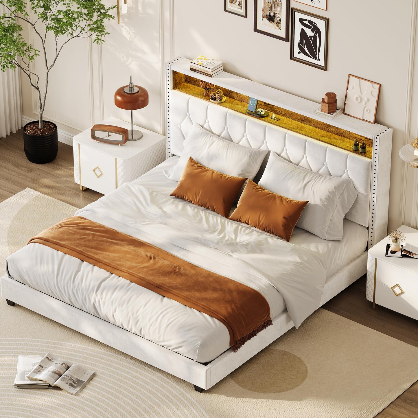 Garvee King Bed Frame with LED Light and Charging Station, Upholstered Bed Frame with Button Headboard, Wood Slat, No Box Spring Needed, Easy Assembly
