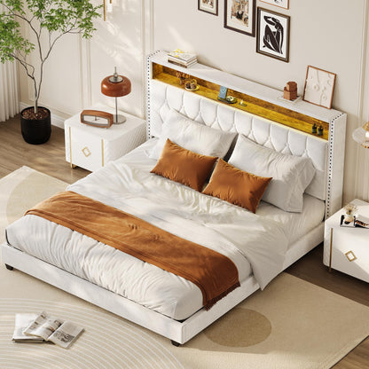 Garvee King Bed Frame with LED Light and Charging Station, Upholstered Bed Frame with Button Headboard, Wood Slat, No Box Spring Needed, Easy Assembly