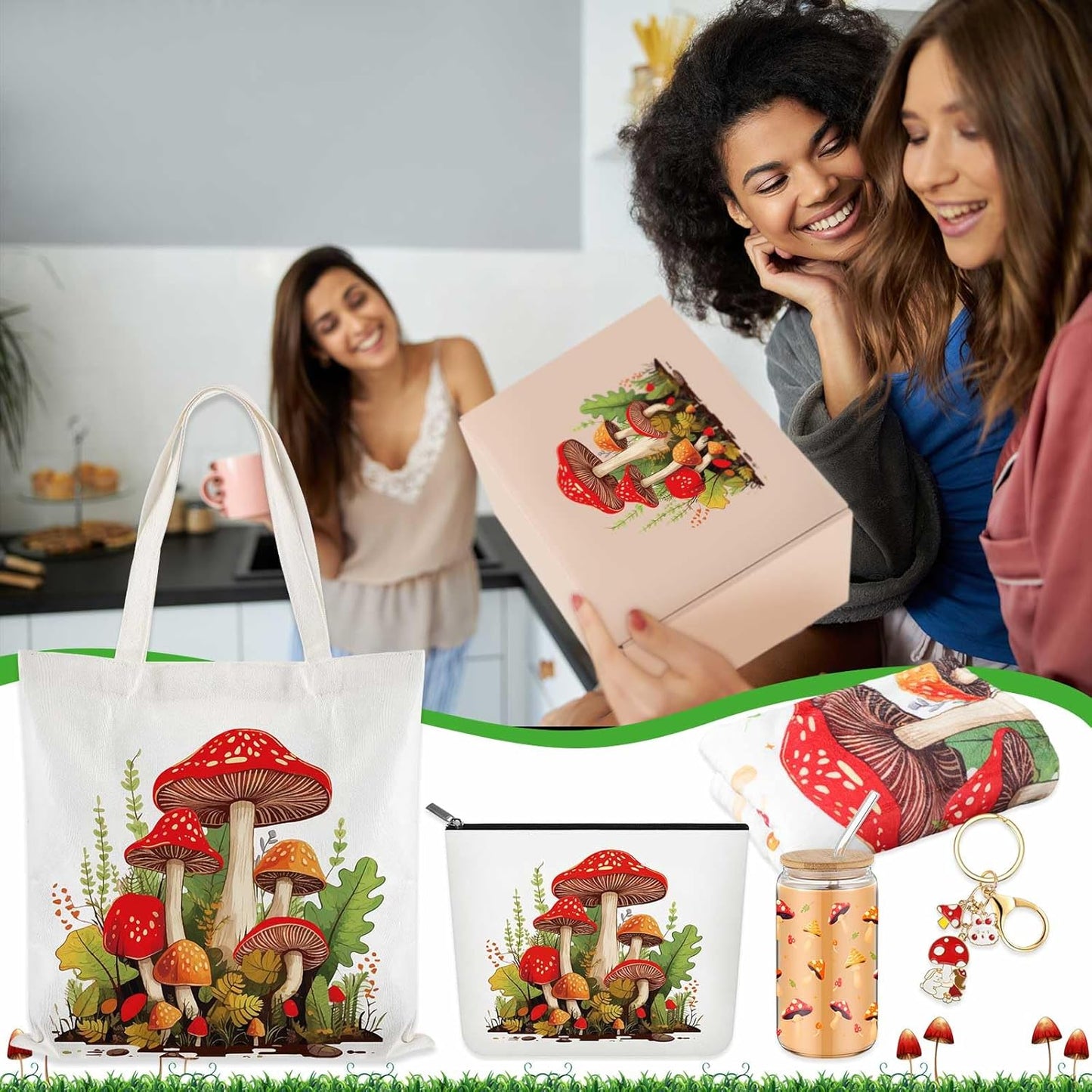 6 16oz Paterr Pcs Mushroom Themed Gifts for Women Christmas Canvas Tote Bag Makeup Bag Print Blanket Socks Glass Coffee