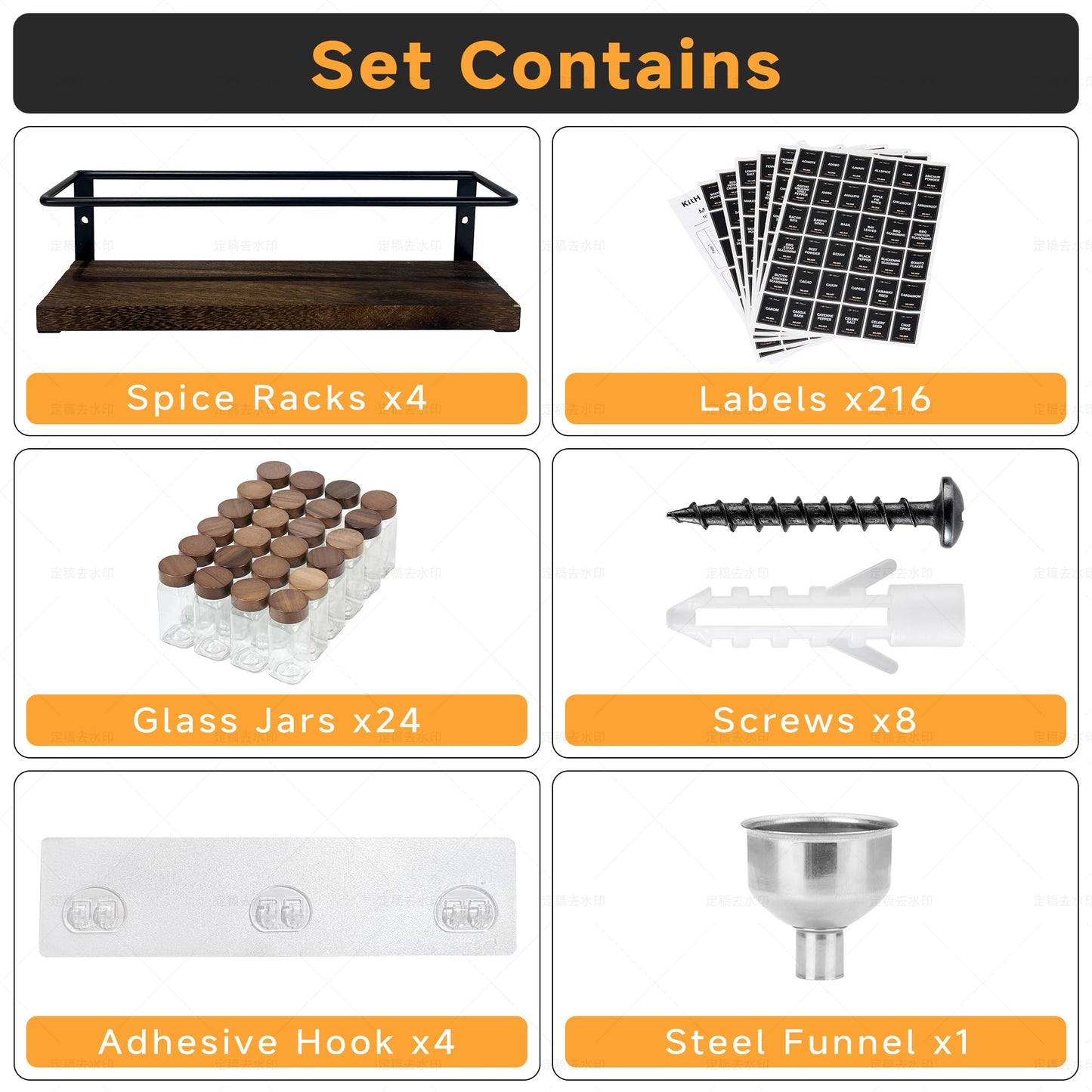 KitHero 4-Tier Wall Mount Spice Rack Organizer with 24 Glass Jars, 216 Labels & Funnel - Screw/Adhesive Mount, Black Metal & Wood Spice Storage for Kitchen Pantry Cabinet, 11.6”L x 2.4”W x 3.2”H
