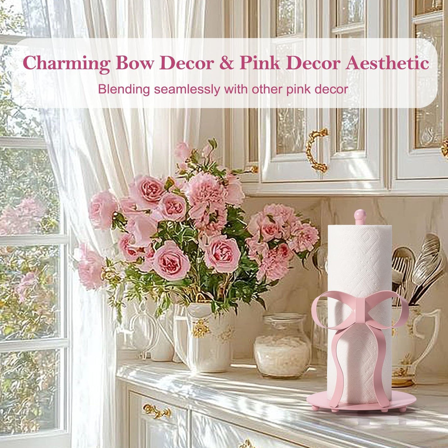 Shinlar Pink Bow Paper Towel Holder Coutertop - Bow Accent Paper Towel Holder, Pink Kitchen Decor and Accessories, Coquette Room Decor Girly Gifts for Women, 3D Handmade Pattern, Weighted Base