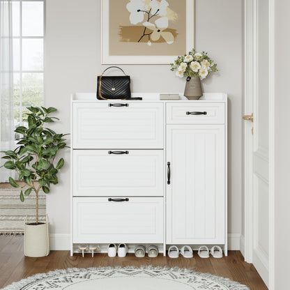 Ball & Cast Shoe Storage Cabinet with 3 Flip Drawers & 1 Drawer, Freestanding Hidden Shoe Organizer with Legs for Entryway, Narrow Shoe Rack Cabinet for Living Room,White