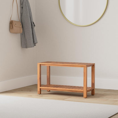 The Teaky Hut Teak Shower Bench 30 Inch – Fully Assembled Wooden Bench with Shelf, Water-Resistant, Non-Slip Adjustable Feet – Indoor Spa, Garden, or Bathroom Use