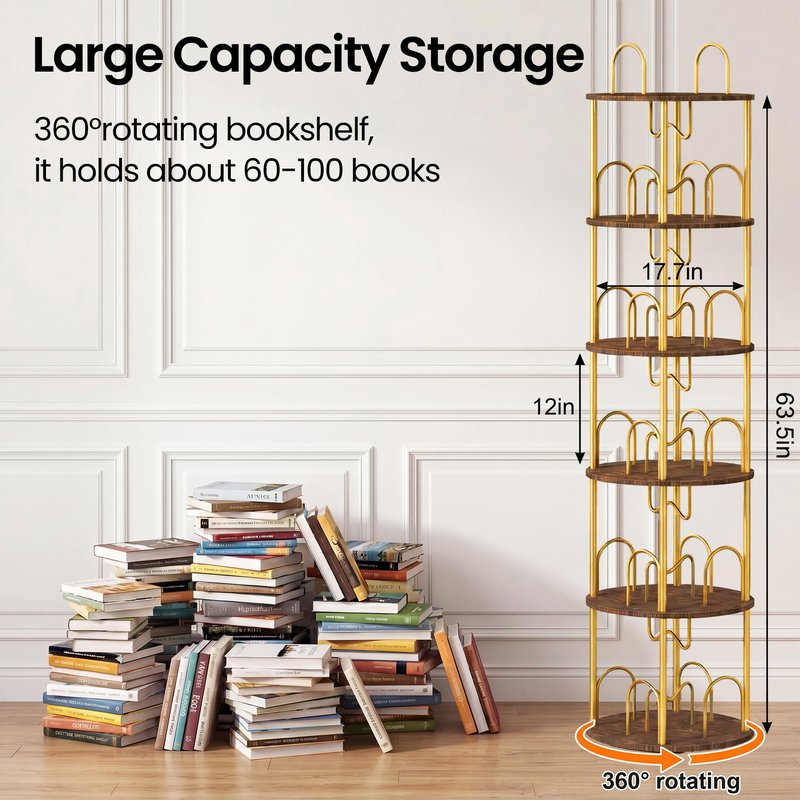 Merkisa 5 Tier Rotating Bookshelf, 360° Spinning Bookshelf Tower, Narrow Corner Book Shelf, Revolving Bookcase Corner Tall Book Shelf for Small Spaces, Bedroom, Living Room, Gold