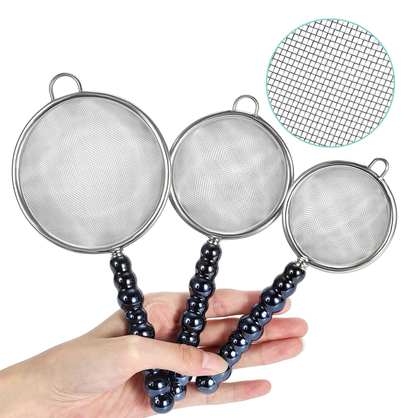 3 Sizes（2.76"+3.15"+3.94") Single Fine Mesh with Non-Slip Ceramic Handle,Perfect for Sift, Strain, Drain Rinse Vegetables